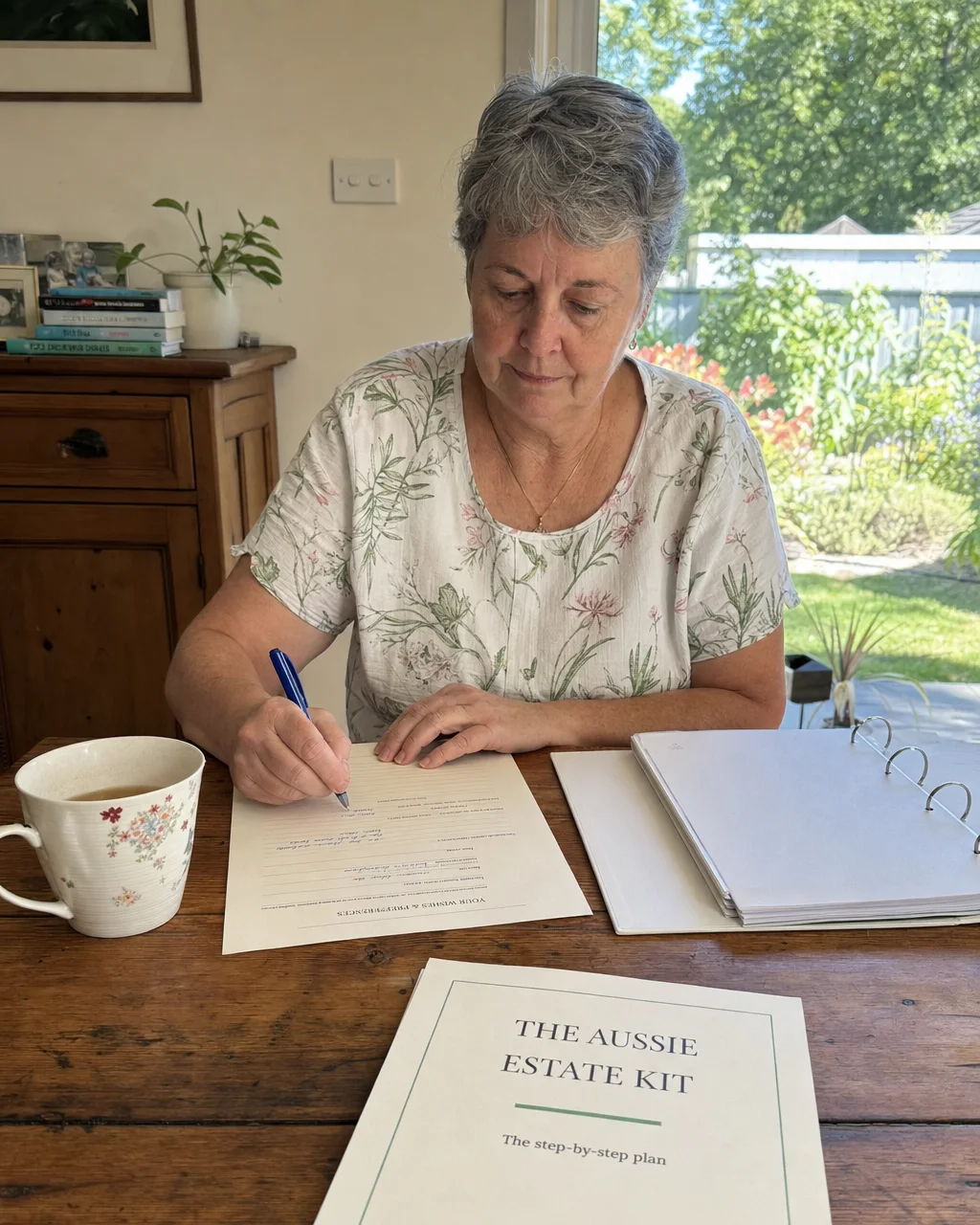 A woman at her kitchen table, filling in The Aussie Estate Kit