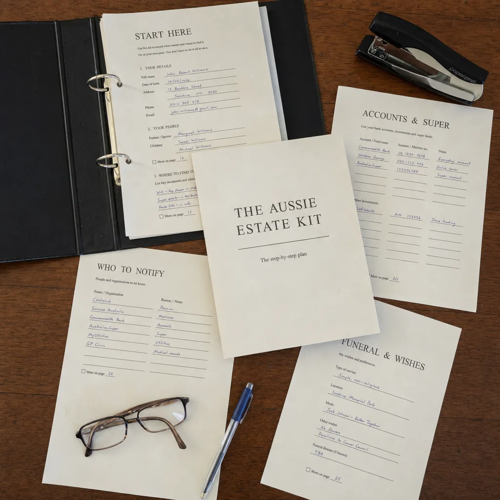 The Aussie Estate Kit open in a binder — the plan and the fill-in registers