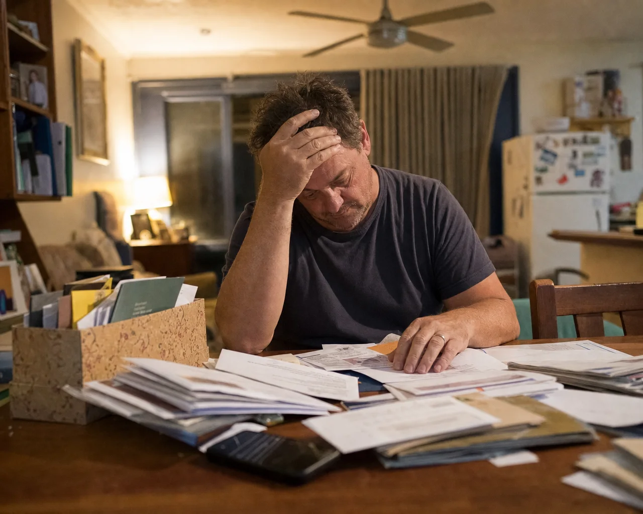An adult daughter surrounded by her late parent's paperwork, unsure where to begin